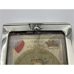 Edwardian silver mounted playing card case, hallmarked William Harrison Walter, Birmingham 1903, the sides each with a period playing card set behind a bevelled glass panel, the hinged cover with later engraving 'Presented to Norman T Crombie Esq by the officers & men of the 31st WR Detachment for services rendered 1917-1918', with red leather lined interior, the three compartments upon a sprung base and containing two later wooden Whist markers, case H12.5cm