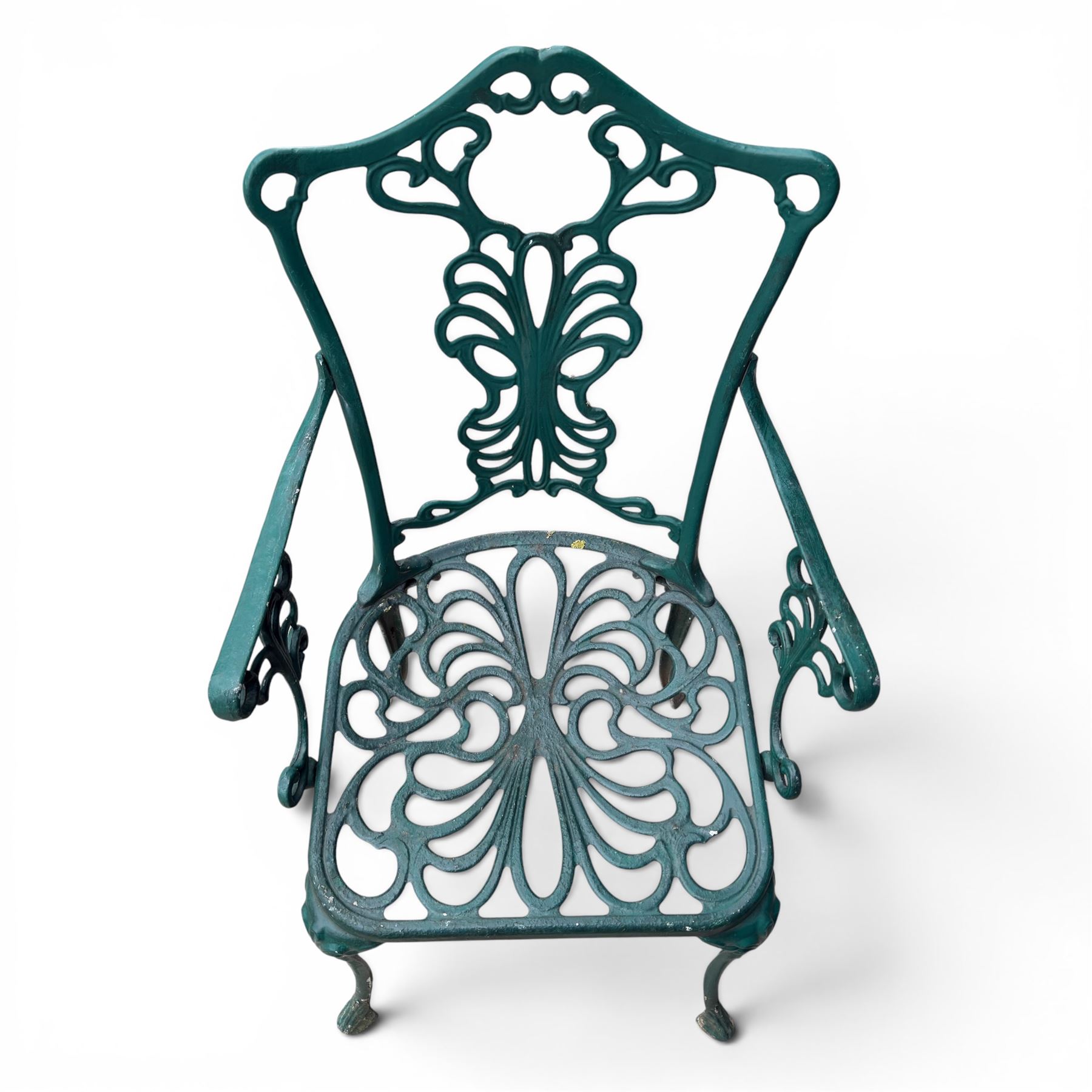 Victorian style cast aluminium garden table and four armchairs chairs in a weathered green finish