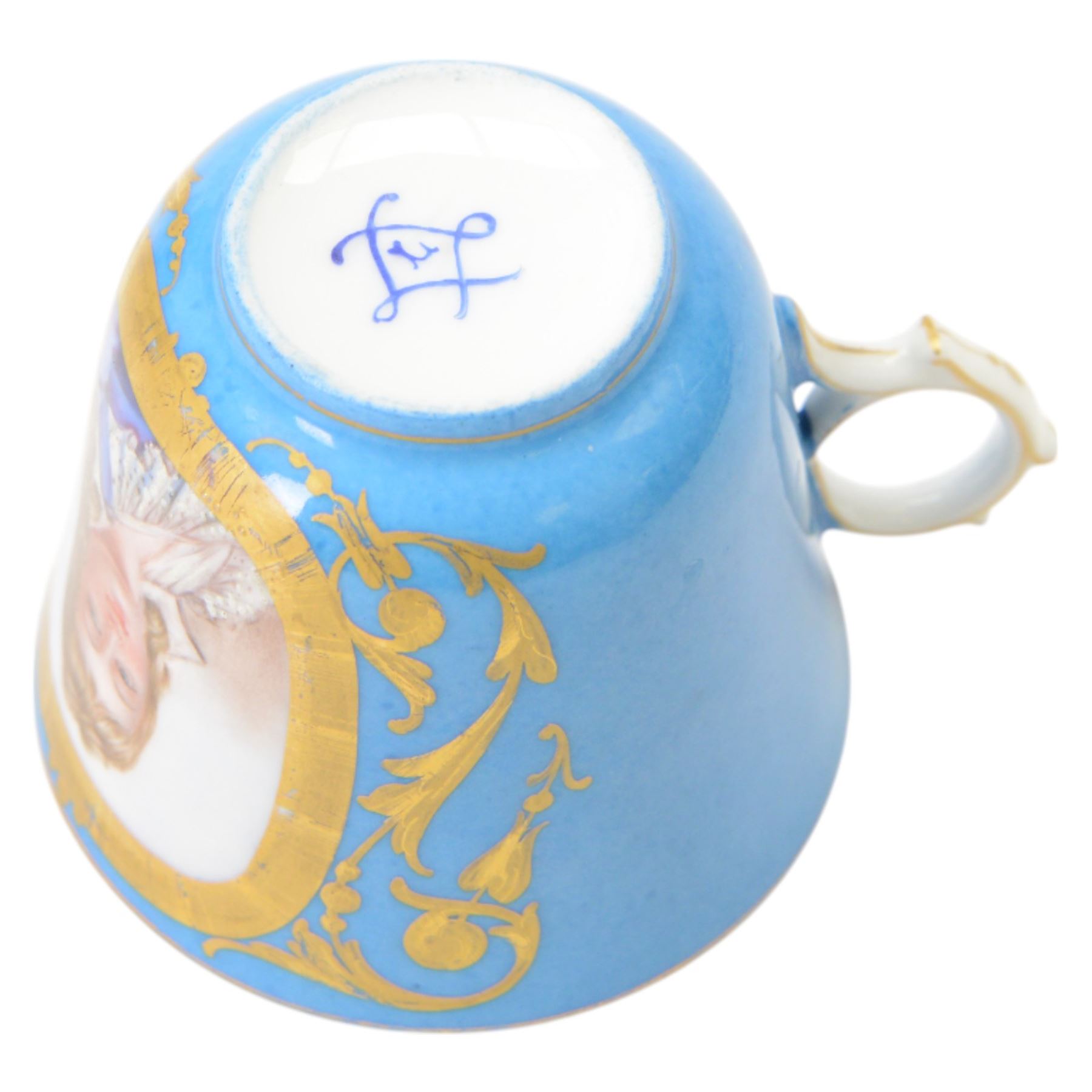 Sevres style part cabaret tea set, comprising teapot, twin handled sucrier, milk jug, and pair of tea cups, each with hand painted portrait reserves within gilt scrolling borders upon a bleu celeste ground, the teapot, sucrier and jug also detailed with hand painted floral sprays, each with spurious Sevres mark beneath, teapot H16.5cm