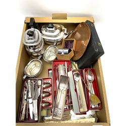 Group of mostly silver plate, to include four piece tea set, various flatware, including a number of cased and boxed sets, etc., in one box 