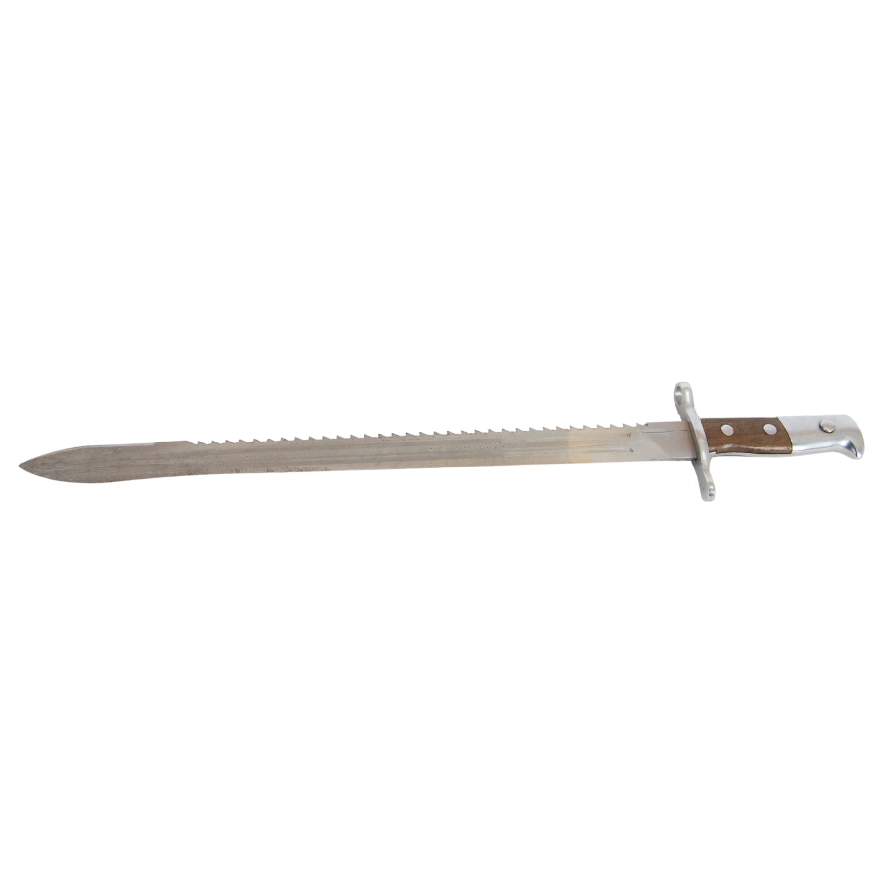 Swiss Pioneer bayonet, with 48cm saw back blade marked to the riccaso Waffenfabrik Neuhausen, steel crossguard marked 752176, with metal scabbard, overall L64cm