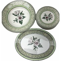RHS Applebee China dinner and tea wares, comprising fourteen dinner plates, eight side plates, seventeen dessert plates, twelve soup bowls, ten bowls, jug, four coffee cups, large serving charger, two oval serving platters and two serving bowls. (71).