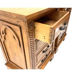 Gothic pine bedside chests, four graduating drawers, rope twist carving, shaped bracket supports 