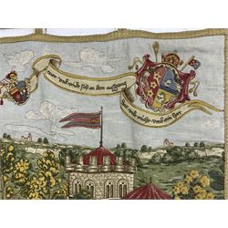 Medieval style German tapestry wall hanging suspended from carved oak pole depicting fairy-tale Rapunzel scene, H126cm W160cm approx 