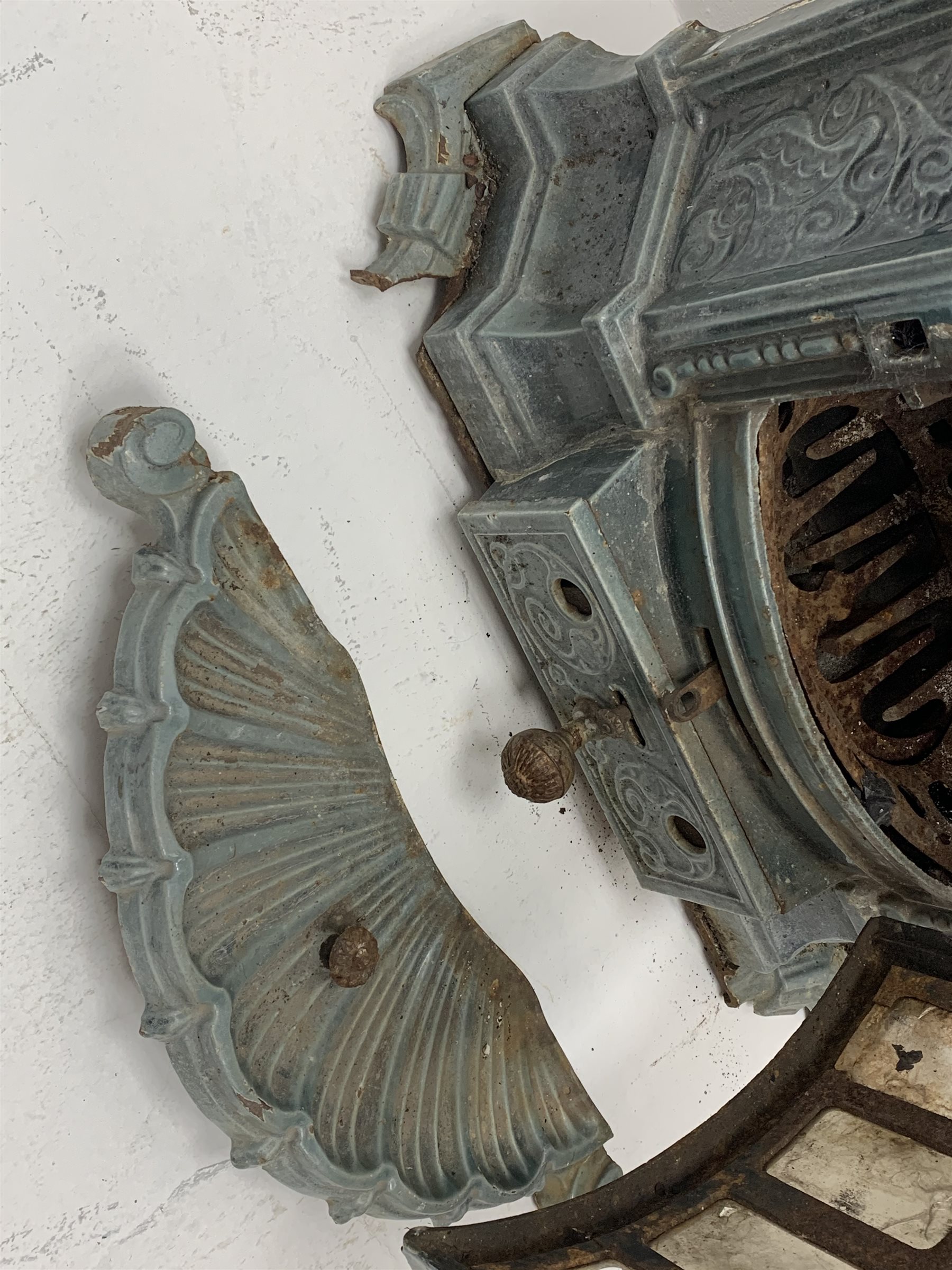 Deville & Co - French Art Nouveau period blue enamel stove, decorated with floral scrolls and flower heads, shell heath, W69cm, H78cm