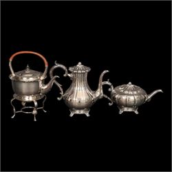 Silver plated four piece melon-shaped tea service by Viners Sheffield, comprising teapot, hot water jug, milk jug and covered sucrier, together with another silver plated tea service 
