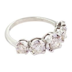 18ct white gold five stone round brilliant cut diamond ring, stamped 750, total diamond weight 1.04 carat