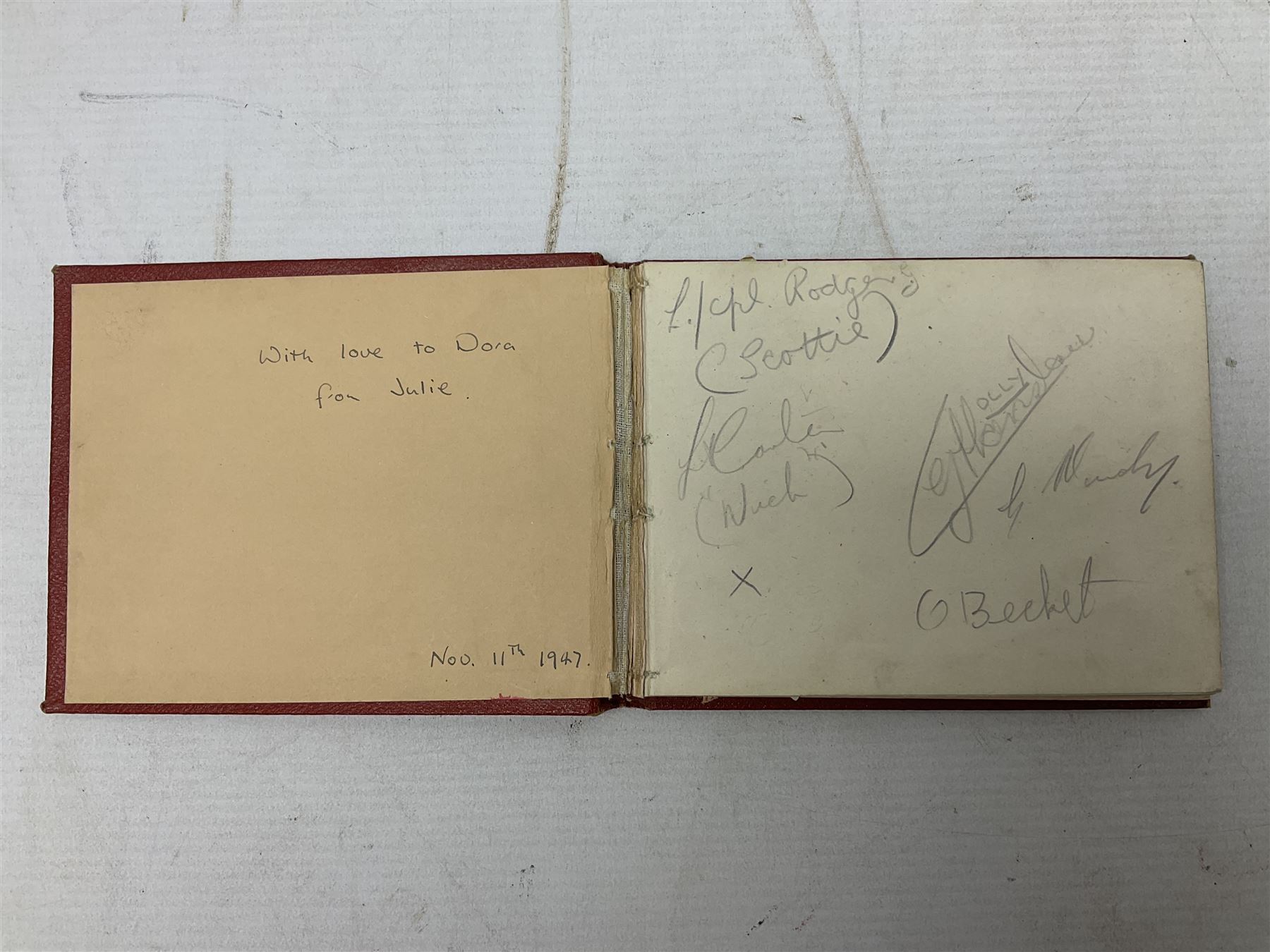 Mid 20th century autograph book, to include autographs from Beverley Sisters, Reg Varney, Ronnie Verrell, Betty Mitchell, etc, poems and verses etc