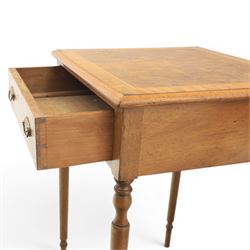 Traditional design pair of walnut lamp tables, figured top with crossbanded edge, above a single frieze drawer with brass oval handles, raised on turned supports