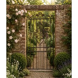 Victorian wrought iron vineyard gate, with ornate scrollwork and foliate acanthus leaf dec...