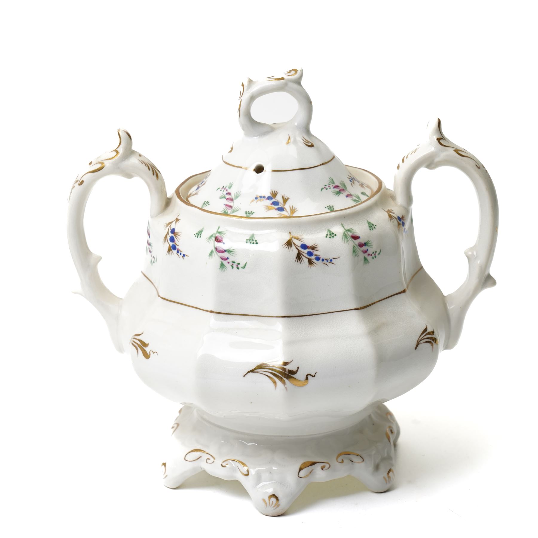 19th century English porcelain tea service, possibly Coalport, comprising teapot, covered sucrier, ten teacups and saucers, slop bowl, milk jug, and two serving dishes