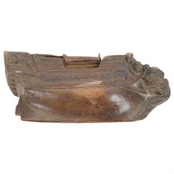 19th century treen snuff box in the form of a ship, with carved detail including windows and mythical figures, L15cm, H6cm