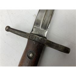 Italian Model 1891 Carcano knife bayonet with 30cm fullered steel blade, the cross-piece stamped VL1110; in steel scabbard with webbing frog L43cm overall; and another Italian fighting knife/bayonet in brass bound leather scabbard (2)