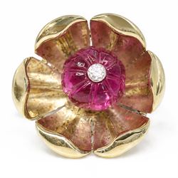 14ct gold ruby and diamond flower head ring, carved ruby set with a single round brilliant...