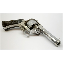 19th century plated Belgian 7mm pin-fire revolver, the six-shot cylinder inscribed 'The Young Lion 1881 New Pattern', with folding trigger and carved walnut split stock, barrel length 7.5cm, overall length 18.5cm