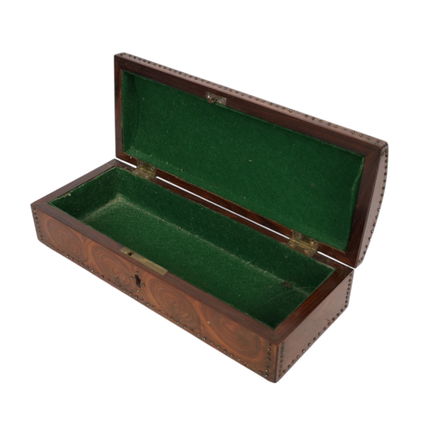 Victorian coromandel and mother of pearl casket, together with an oyster veneer walnut box with pinwork decoration, casket H11cm, L21cm, D13cm