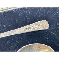 Five silver coffee spoons, together with one other, hallmarked, silver jewellery and costume jewellery in a wooden jewellery box