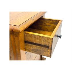 Pair of hardwood bedside chests, square tops with moulded edge, each fitted with three drawers flanked by square pilasters, raised on bun feet