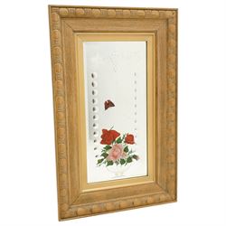 Set of eight early/mid 20th century oak framed 'Gypsy' mirrors, each of rectangular form, the mirror plates decorated with acid etched and cut fruiting vines and reverse painted flowering urns and butterflies, overall 82.5cm x 52cm
