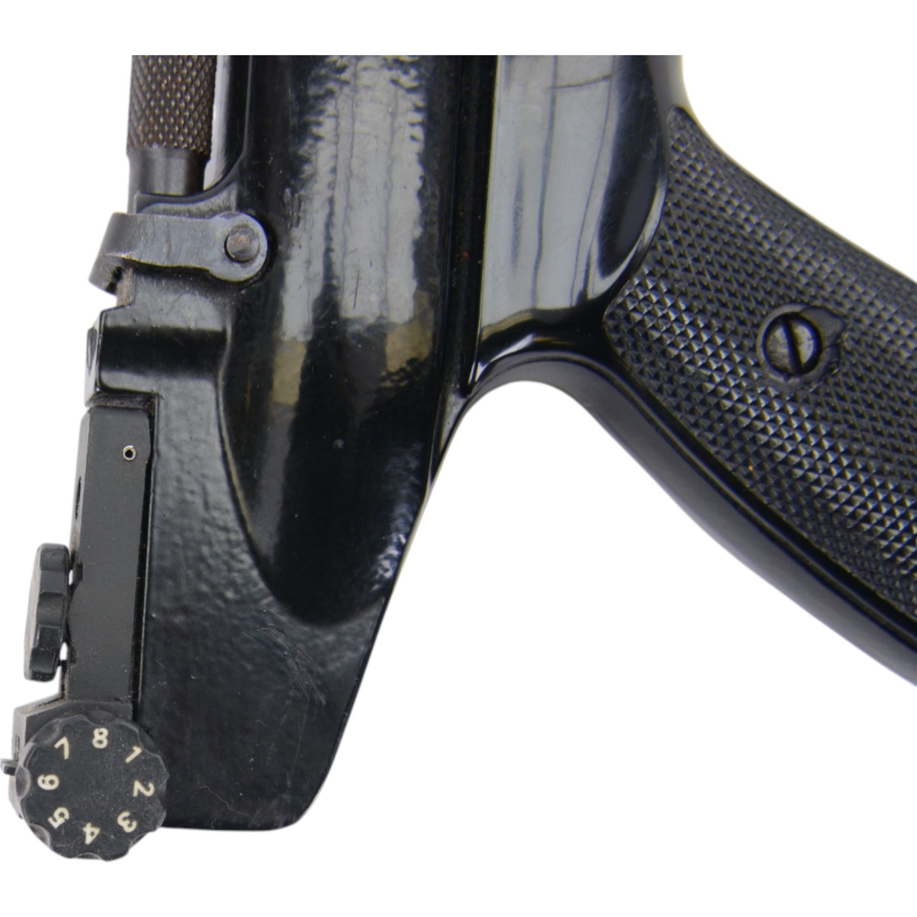 Webley Hurricane .177 air pistol, the chamber marked 'Hurricane' and 'Webley & Scott Ltd. Birmingham England' beneath, with front hooded sight and black checkered grip, H14cm, L28cm