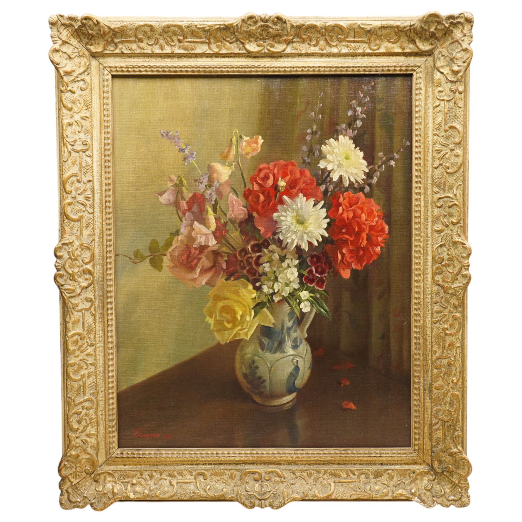 Sherlock Evans (British 1893-1982): Still life of Roses and Flowers in a Jug, oil on canvas signed dated '52, 49cm x 39cm
Notes: Evans was born in Hawick and lived most of his life in the Bradford area. He is known to have painted floral scenes for Terry's Chocolate boxes throughout his life he was employed by Fields Co and Sons (Bradford).