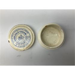  Early Victorian marriage mug for Thomas and Caroline Parkinson dated 11th Sept. 1845 Hull H8cm, similar christening mug for their daughter Hannah Matilda, blue/white transfer printed pot lid with base for Francis Earle, Pharmaceutical Chemist, 22 Market Place, Hull with central study of Holy Trinity Church and clay pipe, the bowl as man's head (4)  