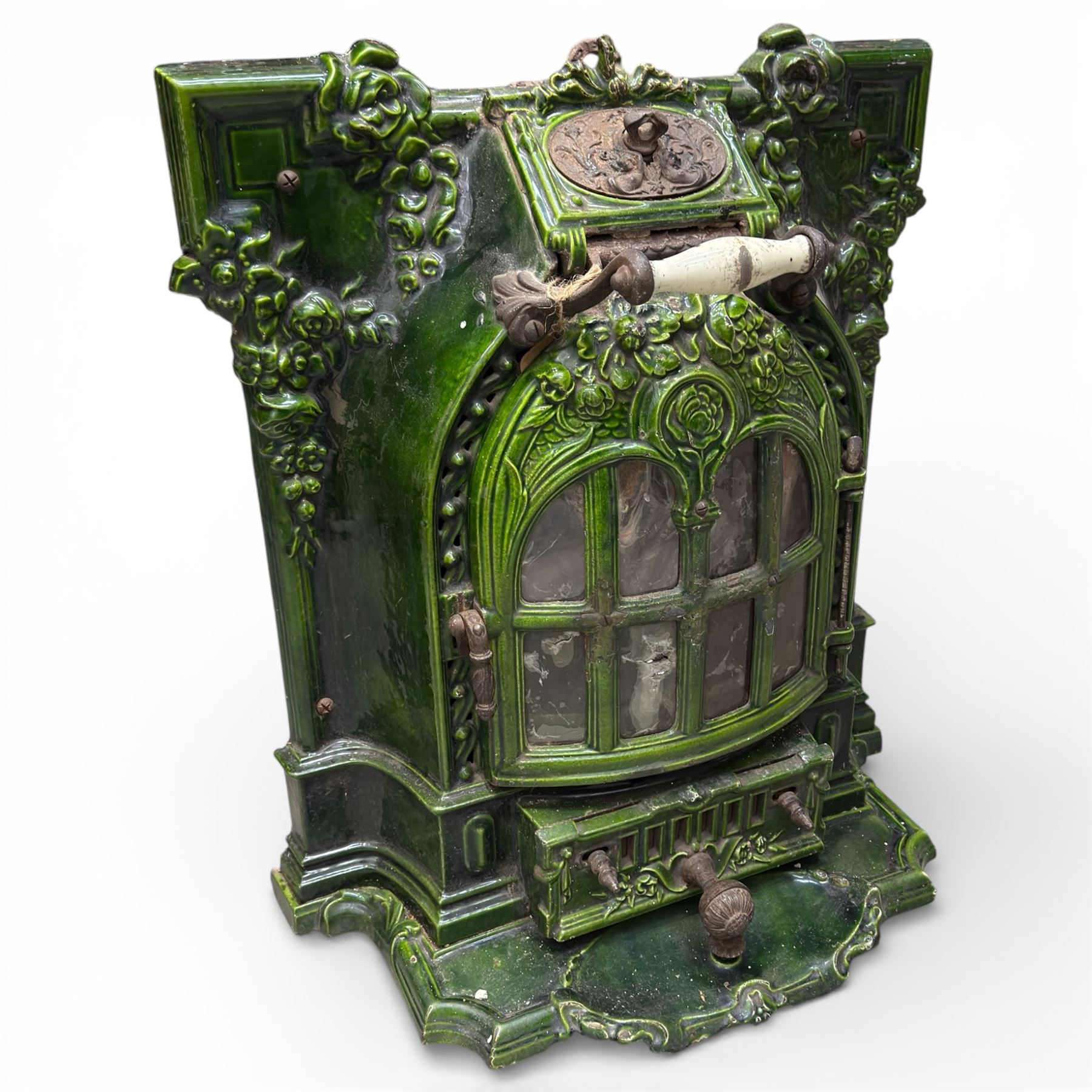 Art Nouveau French green enamelled cast iron stove by Deville & Cie