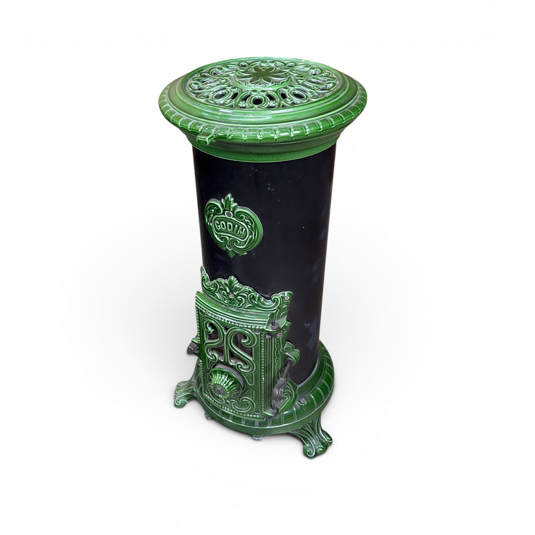 French Godin cast iron enamel stove, circular form, finished in green and black paint