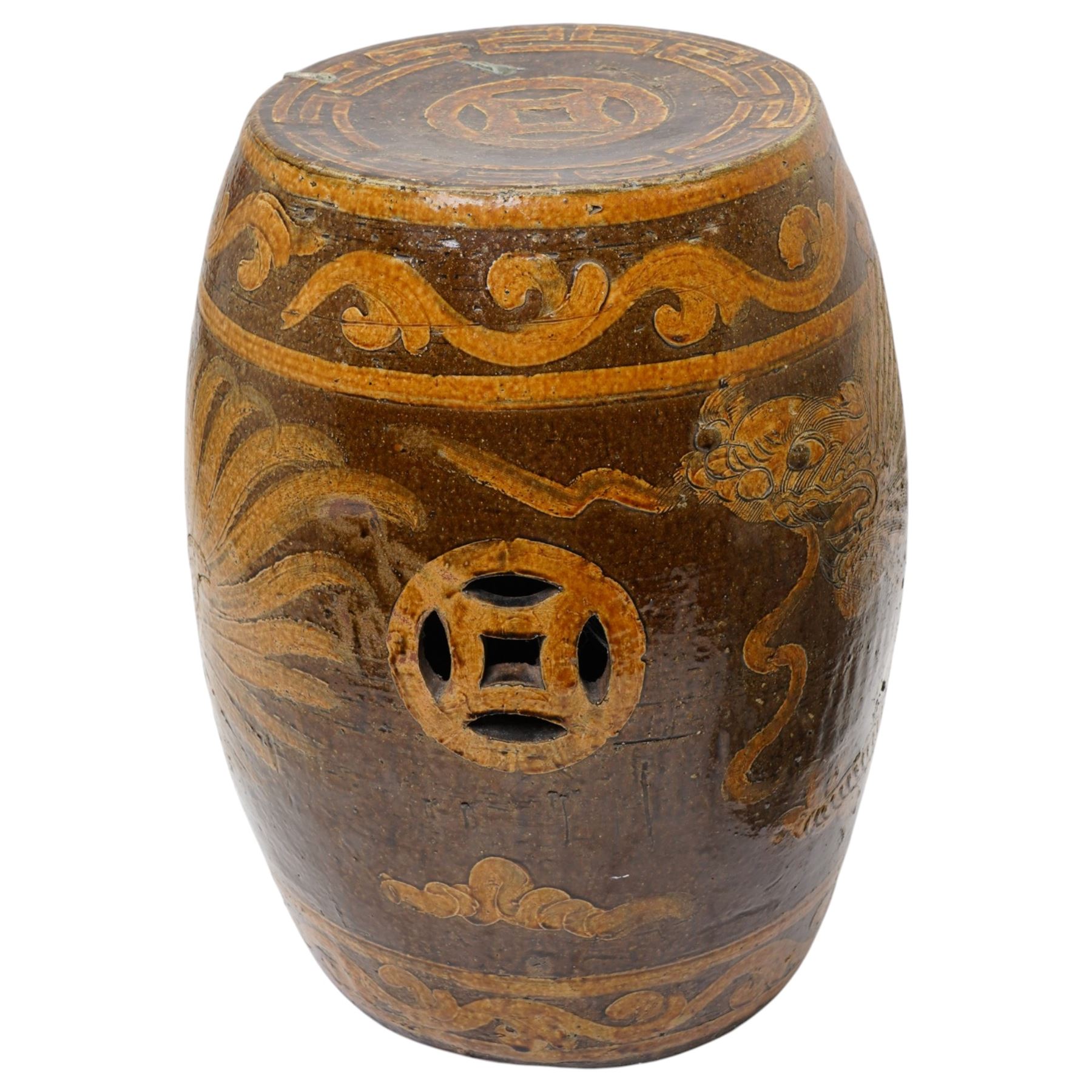 Chinese famille rose garden seat, together with a further terracotta example, H51cm and 49cm (2)