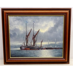  Jack Rigg (British 1927-): 'Sailing Barges Reminder and Repertor at Queensborough', oil on canvas signed, titled signed and dated 2003 (sketched June 3rd 1983) verso  34cm x 44cm   