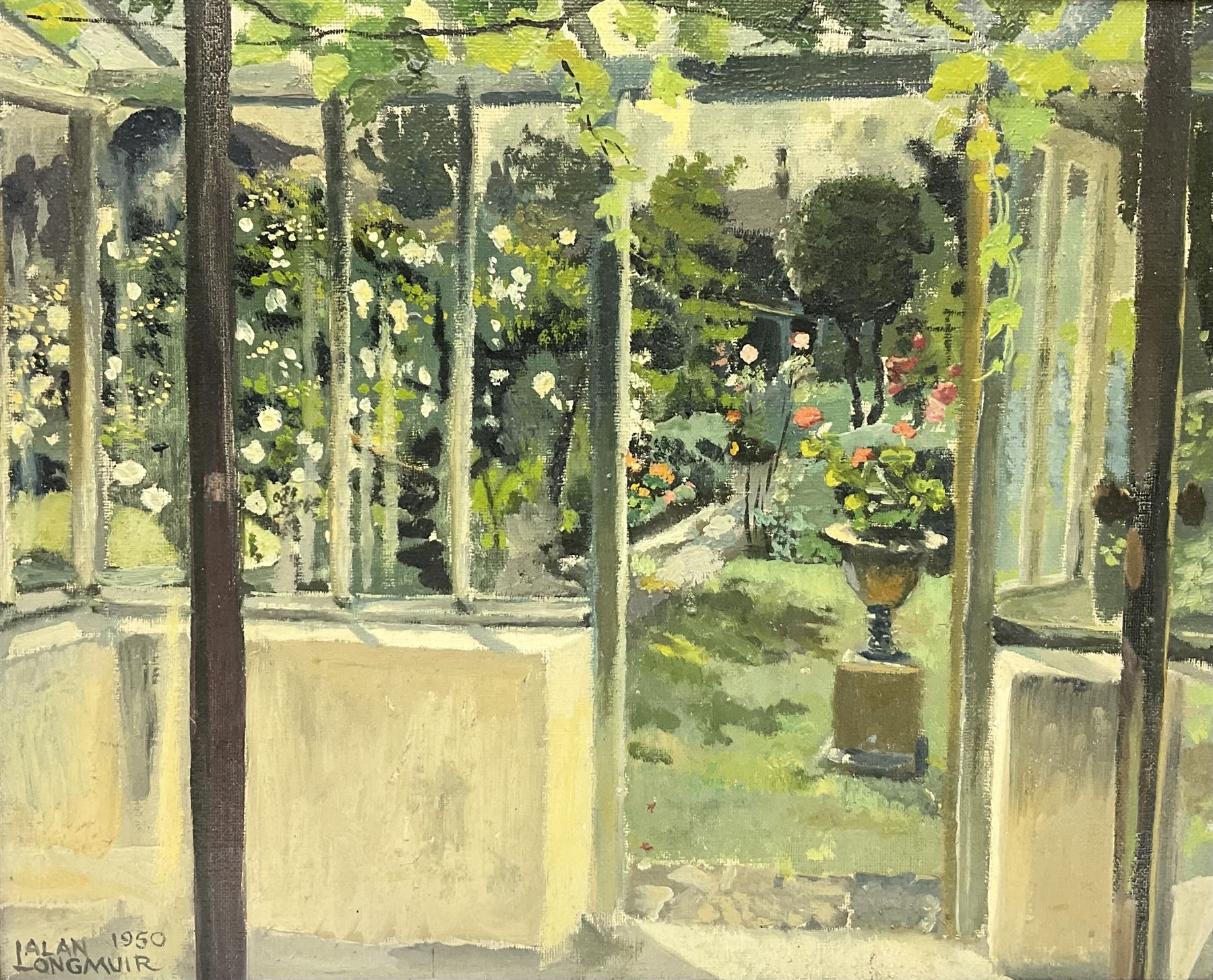 Alan Longmuir (British exh.1933-1960): 'Through the Conservatory', oil on canvas signed and dated 1950, titled verso 39cm x 49cm