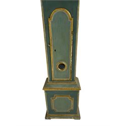 Painted longcase clock - with a flat topped pediment and break arch hood door, long trunk door with glass lenticle, on a square base with decorative applied moulding, break arch dial inscribed  Fr Lauengaard & son, Kiobenhavn 1830  pinned to an 8-day weight driven movement striking the hours on a bell. With pendulum and weights.
