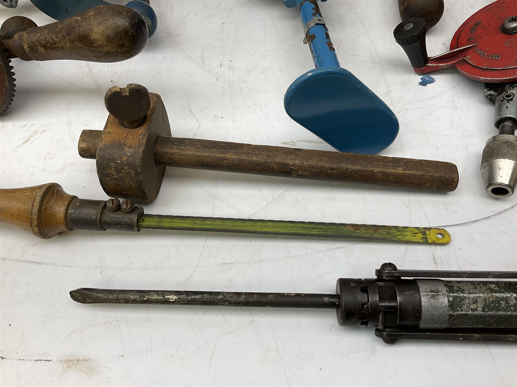 Quantity of woodworking tools, comprising hand drills to include Stanley No. 803 and No. 5803, Qualcast Clipper etc, together with collection of planes to include moulding examples and rebate plane of stepped form, and further tools including chisels etc