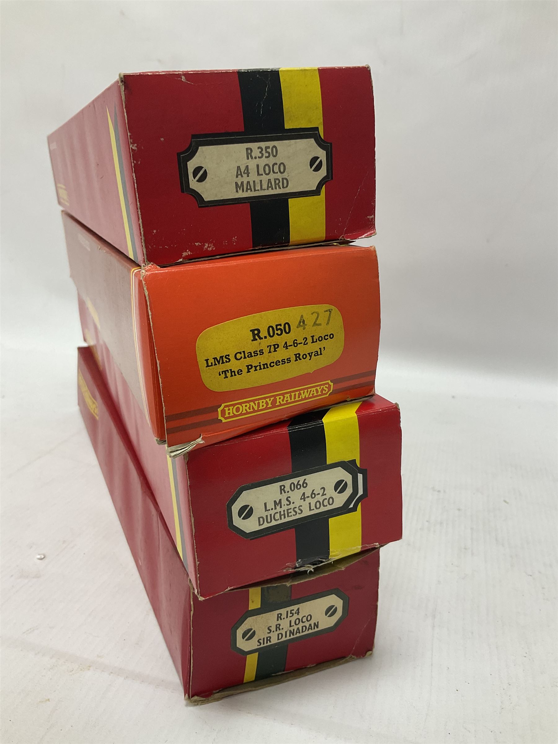 Hornby ‘00’ gauge - Class N15 4-6-0 ‘Sir Dinadan’ locomotive no.795 in SR green; Coronation Class 7P 4-6-2 ‘Duchess of Sutherland’ locomotive no.6233 in LMS maroon; Class 7P 4-6-2 ‘The Princess Royal’ locomotive no.6200 in LMS maroon; Class A4 4-6-2 ‘Mallard’ locomotive no.60022 in BR green; in original boxes (4) 