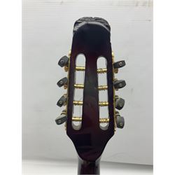 Chinese F-hole eight-string mandolin with sunburst finish, mother-of-pearl inlay of dragons chasing the flaming pearl and dragon carved headstock L71cm