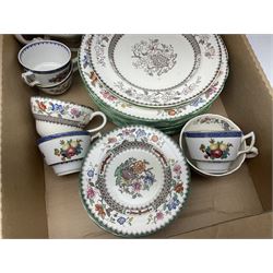 Copeland Spode Chinese Rose pattern dinner and tea wares, including teapot, dinner plates, cups etc, together with Royal Worcester Evesham pattern tureen and pie dish, Royal Worcester Astley pattern tureen, Johnson Bros Indies pattern dinner plates, collection of drinking glasses and other ceramics, etc, in four boxes 