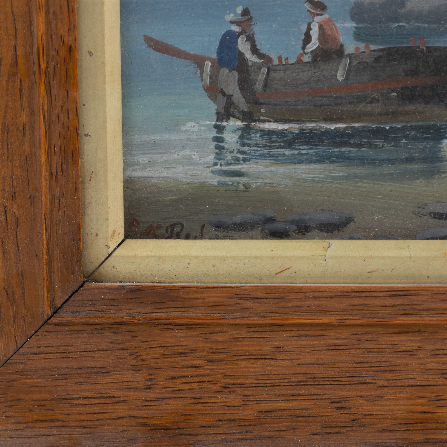 Edward King Redmore (British 1860-1941): Two Boat Scenes with Headlands, two oils on board, together with two further scenes of boats, max 17cm x 18.5cm (4) (one unframed)