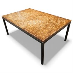 20th century Belgian designer dining table, tessellated parquet-style veneered top within a squared edge frame, raised on black tubular steel supports
