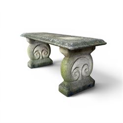 Three piece weathered cast stone garden bench, rectangular top on rounded detailed base