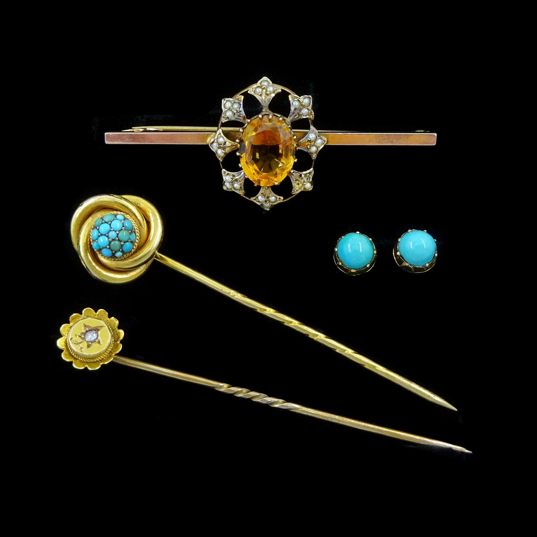 Victorian and later gold jewellery including citrine and seed pearl brooch, turquoise stick pin, diamond stick pin and a pair of turquoise stud earrings