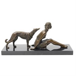 After Démete Chiparus (Romanian 1886-1947): A Girl and Her Borzoi Hound, art deco bronze, ...