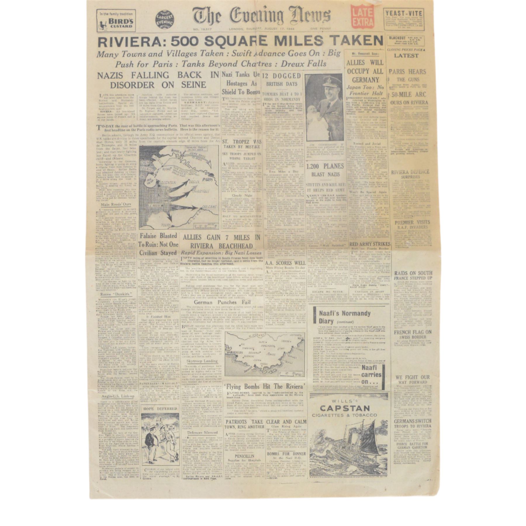 Newspaper: The Evening News, Thursday August 17 1944, Riviera: 500 Square Miles Taken 
