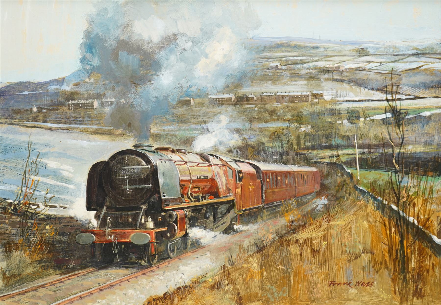 Frank Wass (British 20th century): 'British Railways Princess Coronation Duchess of Hamilton - Stanier 8p 4-6-2 on the KWV Railway', oil on board signed, titled dated 1984 and dedicated verso 38cm x 54cm
