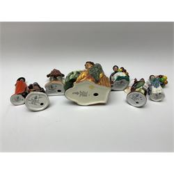 A group of Royal Doulton figures, comprising Fortune Teller HN2159, Guy Fawkes HN3271, Falslaff HN3236, Town Crier HN3261, The Balloon Seller HN2130, Good King Wenceslas HN3262, and Old Balloon Seller HN2129, six small examples with makers box. 