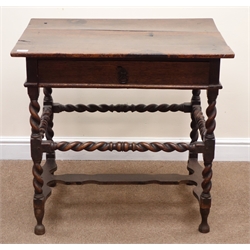  18th century oak side table, single drawer, barley twist stretchers and supports joined by shaped stretcher, W80cm, H77cm, D59cm  