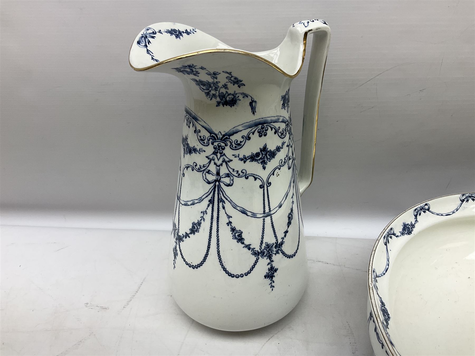 Victorian Empire blue and white transfer printed slop bucket with lid, H28cm excl handle, wash jug and bowl set with toothbrush holder, soap dish and drainer etc