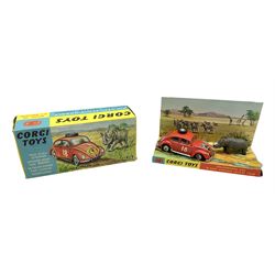 Corgi - Volkswagen 1200 East African Safari Trim No.256 in orange with sticker to bonnet, RN18, light brown interior, plated parts including chassis dished spun wheels with black tyres. Complete with rhinoceros figure and inner diorama stand; boxed