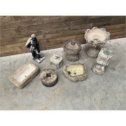 Collection of 9 decorative stone garden objects including sun dial small troughs mill stone and more,