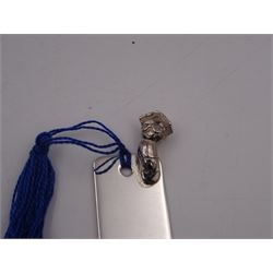 Modern silver bookmark, with bookworm to top right corner and blue tassel, hallmarked A J Poole, Birmingham 2013, L11cm