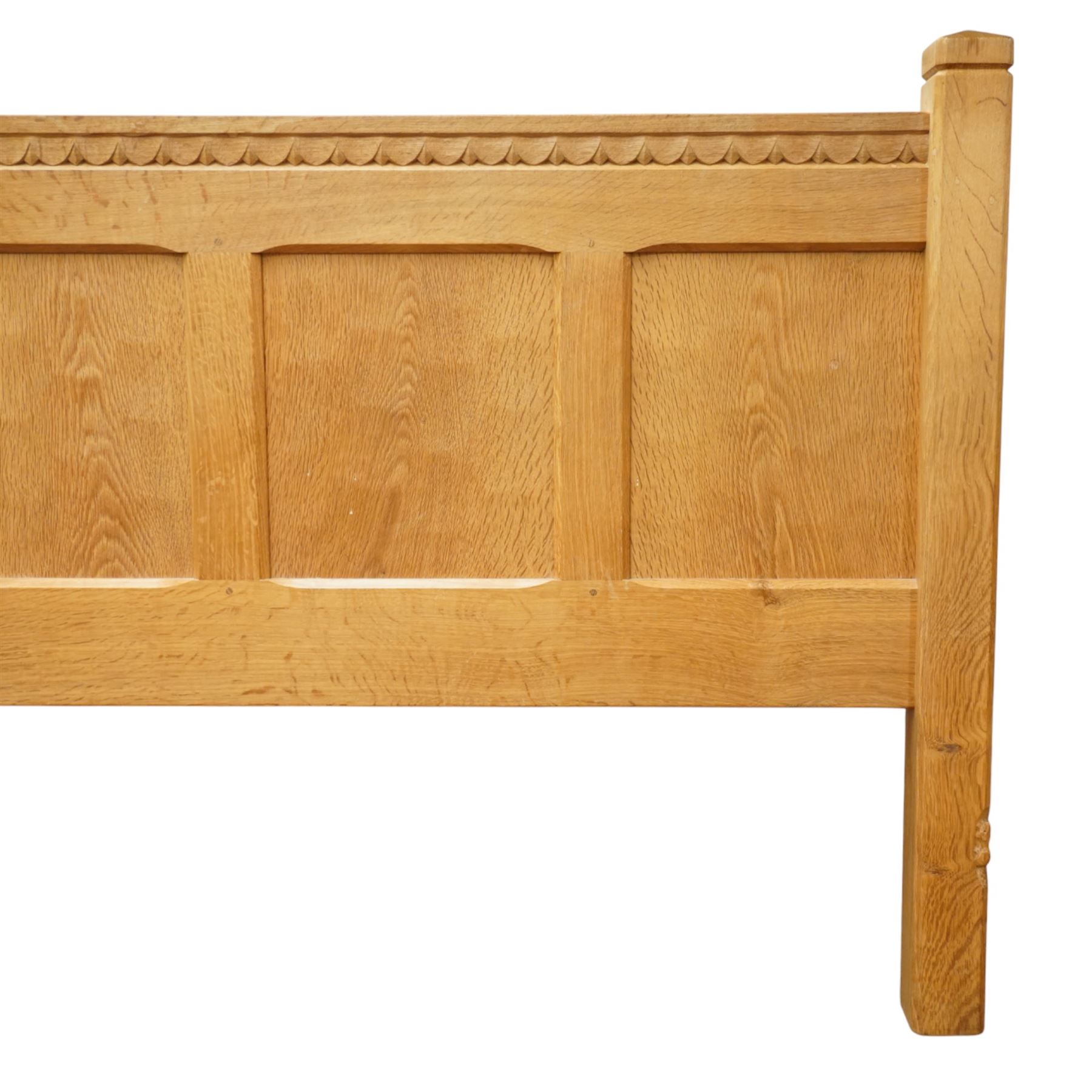 Beaverman - Yorkshire oak 5' double bedstead, panelled headboard and footboard with carved chip and adzed decoration, square corner posts and slatted base by Colin Almack of Sutton near Thirsk